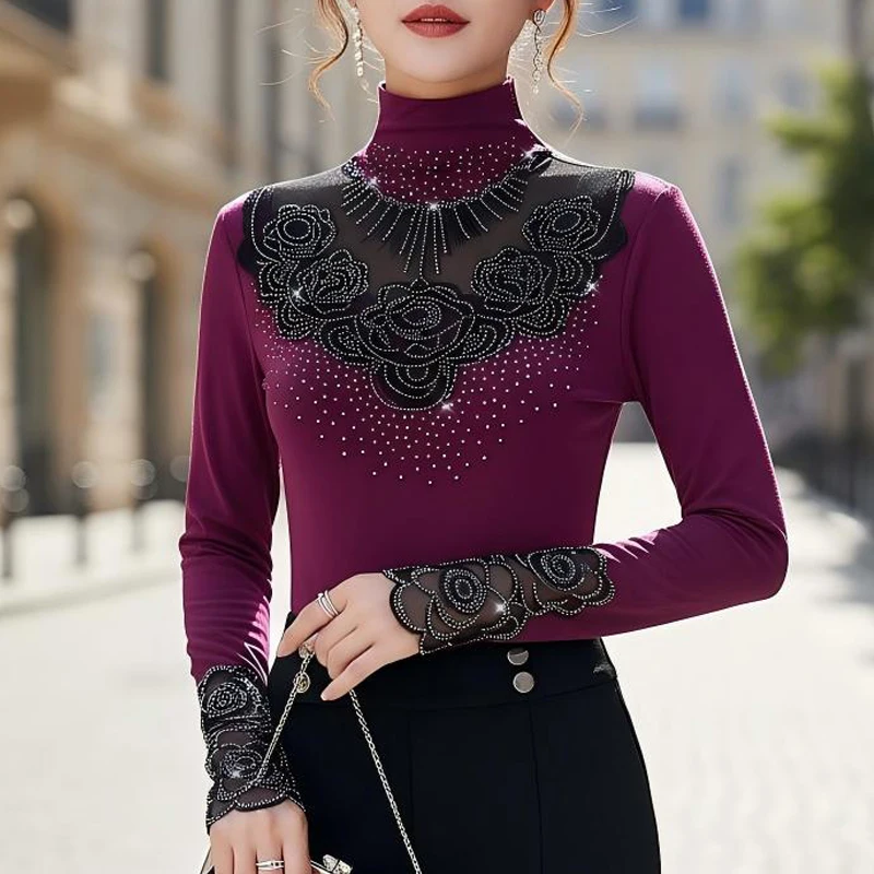 

Новая осенне-зимняя одежда, лоскутные кружевные топы с высоким воротником, элегантная модная женская футболка с бриллиантами, тонкая нижняя рубашка с длинными рукавами