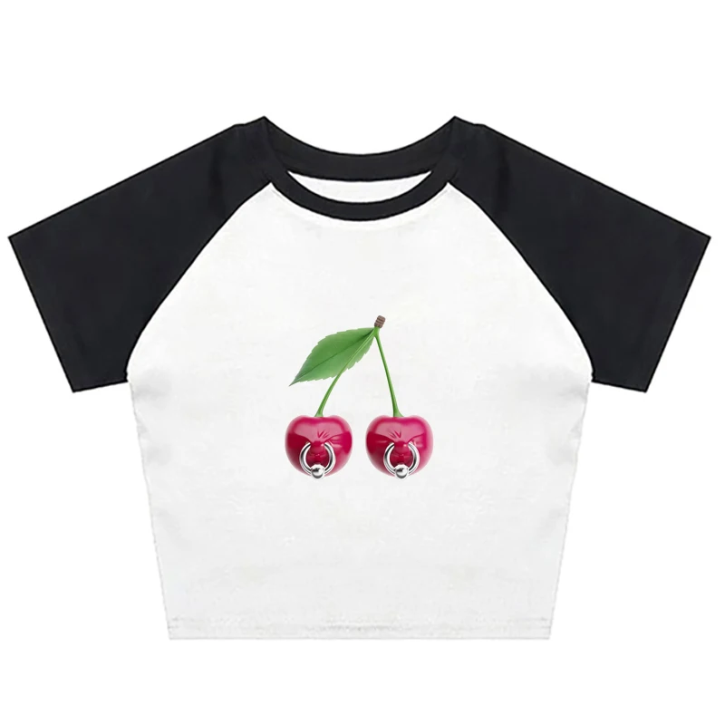 Y2k Crop Top Harajuku Aesthetics Cute Cherry Print Cute Punk Grunge Baby T-shirt Retro Short Sleeve Street Wear T-shirt EMO girl