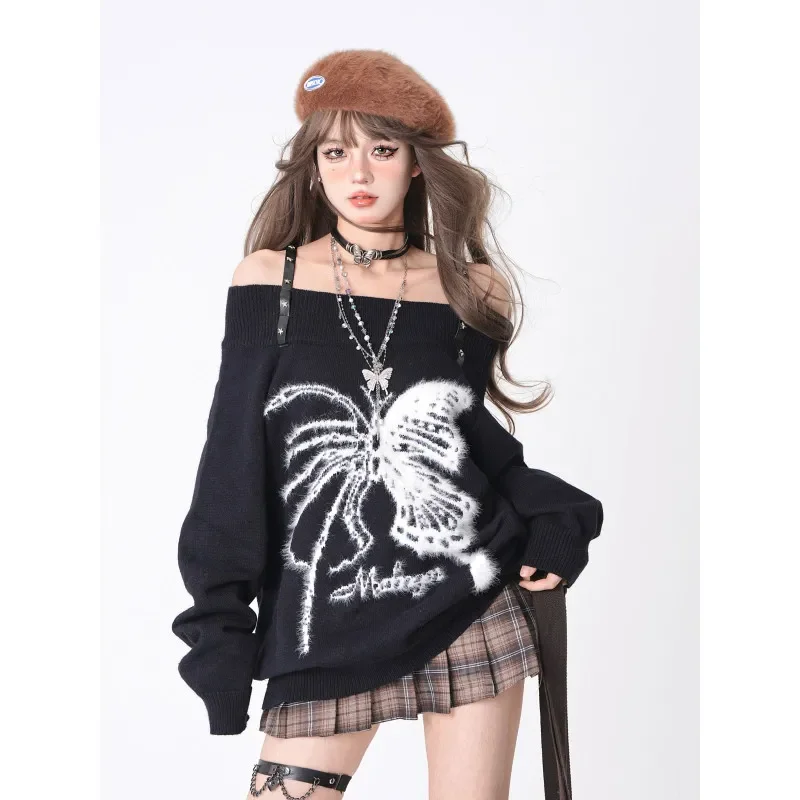 One-shoulder Butterfly Niche Sweater Winter Loose Lazy Style Sweater Long-sleeved Knitted Sweater