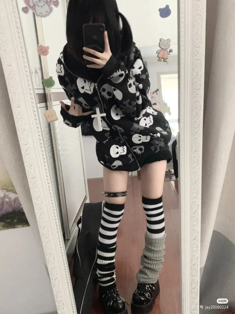 HOUZHOU Harajuku Grunge Vintage Zip Up Hoodies Women 2023 Gothic Skull Print Japanese Fashion Sweatshirt Streetwear Y2k Clothes