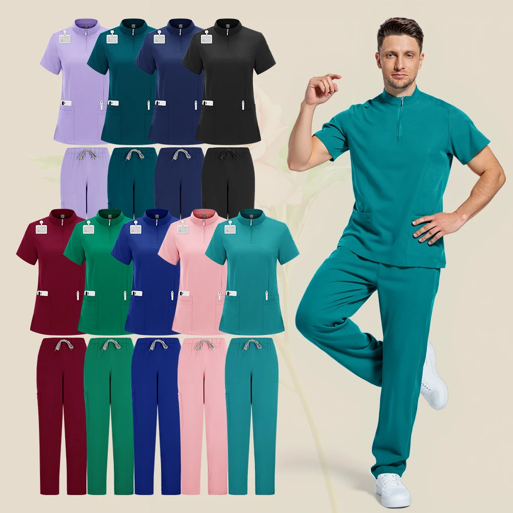 2 ピーススーツ医療スクラブ制服女性ナーススクラブセットポケットトップ + パンツ看護手術室服美容サロン作業服
