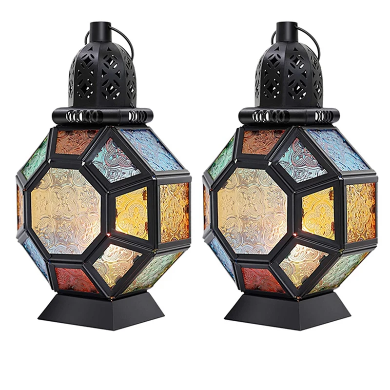 

2X Retro Iron Candle Lantern,Portable Moroccan Stained Glass Candle Holder Hanging Lamp Horse Light Wind Lantern