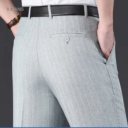 Pantalones de traje elásticos planos para hombres, rayas delgadas, rectos, cintura alta, negro, blanco, azul, moda Formal, pantalones de vestir coreanos, Verano