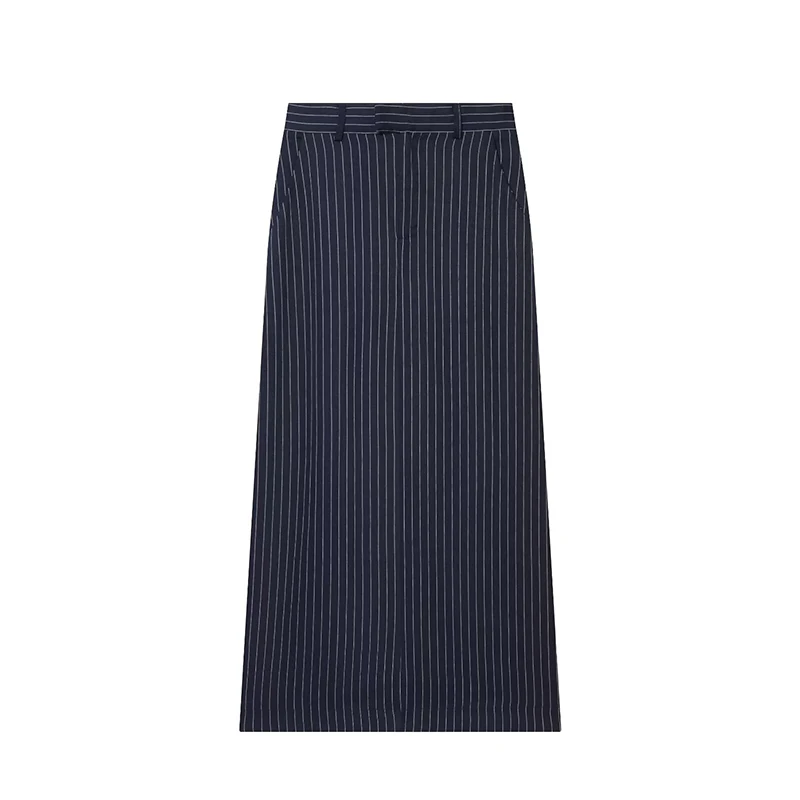 

ZOCI Women Fashion Striped Front Zipper Back Slit Straight Midi Skirt Vintage High Waist Female Chic Lady Skirts