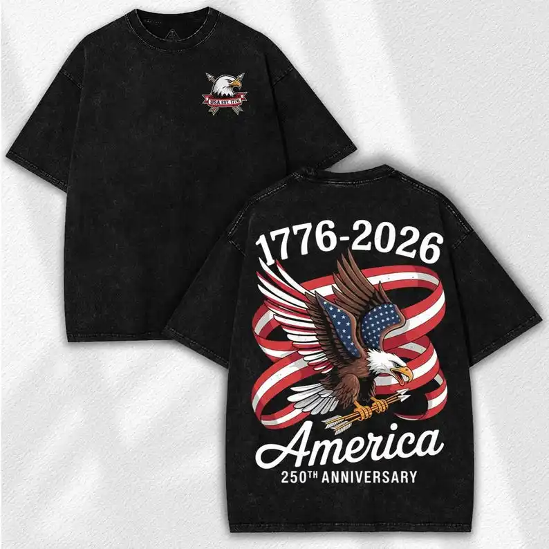 America 250th Anniversary Washed T-shirt Oversized Men Women Streetwear Patriotic Vintage Streetwear Eagle USA Est 1776 Clothing