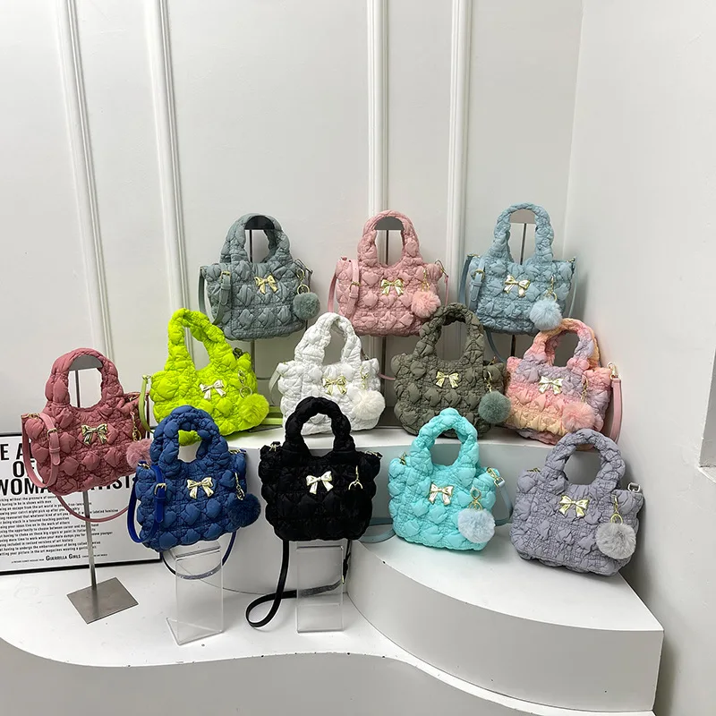 Cute Bow Quilted Padded Women Handbags Soft Puffer Small Tote Bag Casual Nylon Down Cotton Shoulder Crossbody Bags 2024 Trend