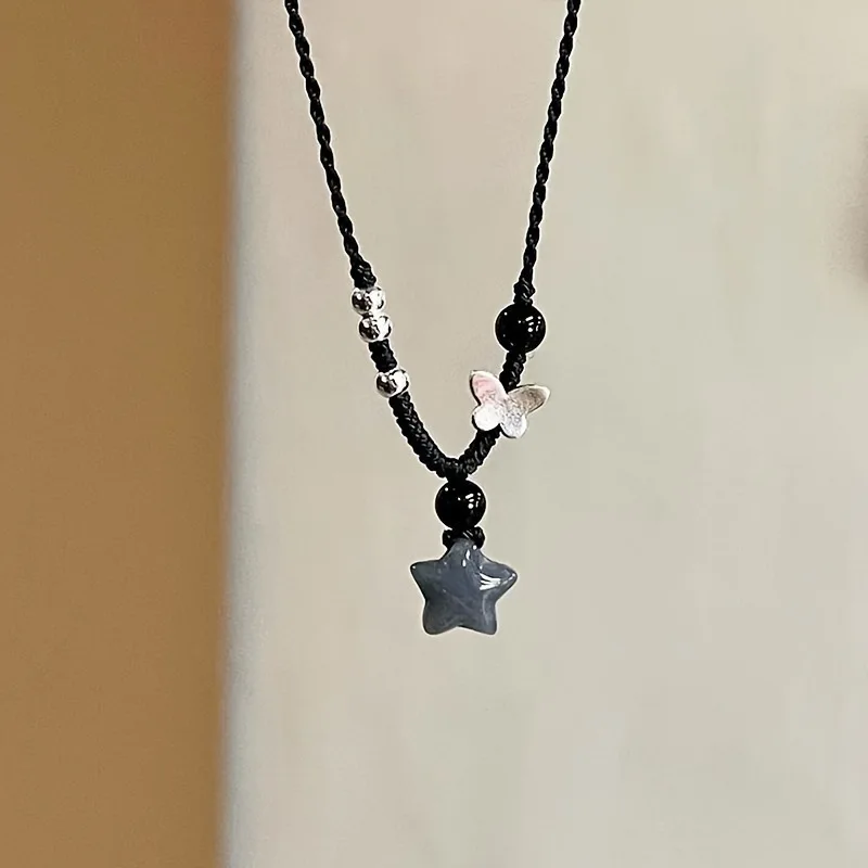 Vintage Handmade Woven Black Five-Pointed Star Pendant Necklace Women Charm Temperament Butterfly Beading Clavicle Chain Jewerly