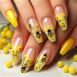 Flower Press on Nails with Glue Nail Art Ballet False Nails Full Cover Wearable Acrylic Nail Manicure Tips Bee Press on Nails