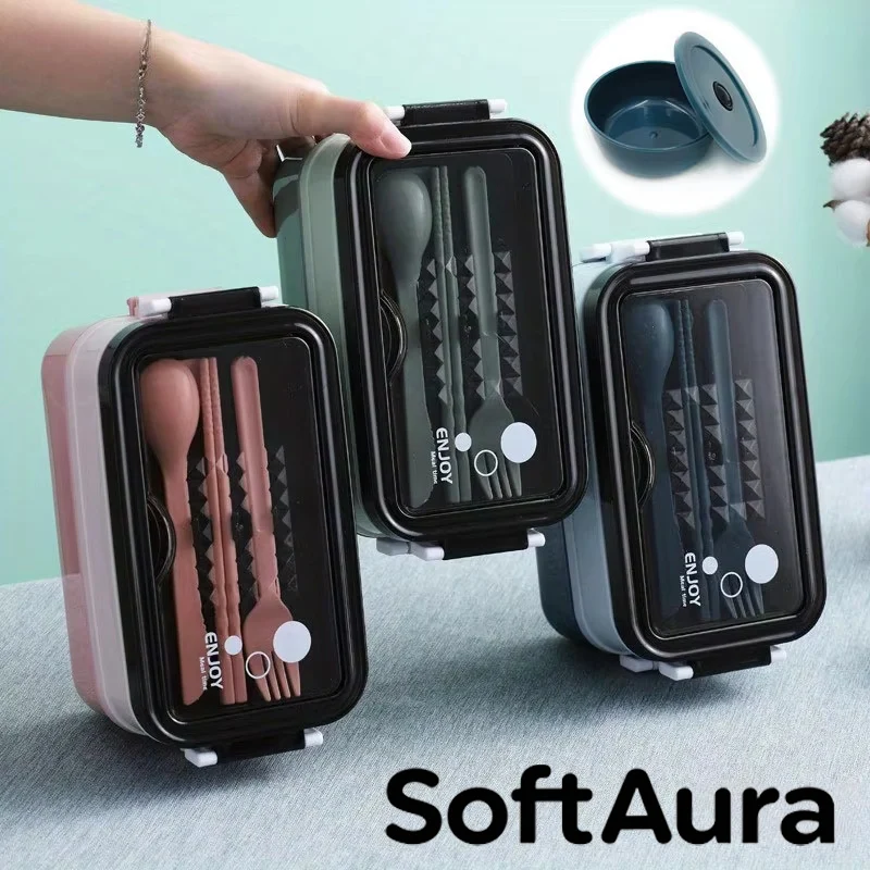 Lonchera de doble capa para microondas SoftAura School, para el inicio de la temporada escolar, incluye tazón para sopa, cuchillo, tenedor y cuchara, lonchera escolar