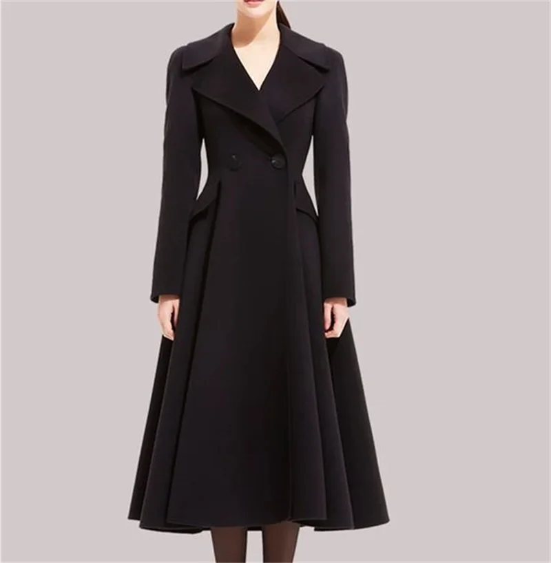 Custom Made Black Women Overcoat Long Jacket Formal Winter Cashmere Wide Cut Trench Coat Elegant Ankle Length Prom Dress