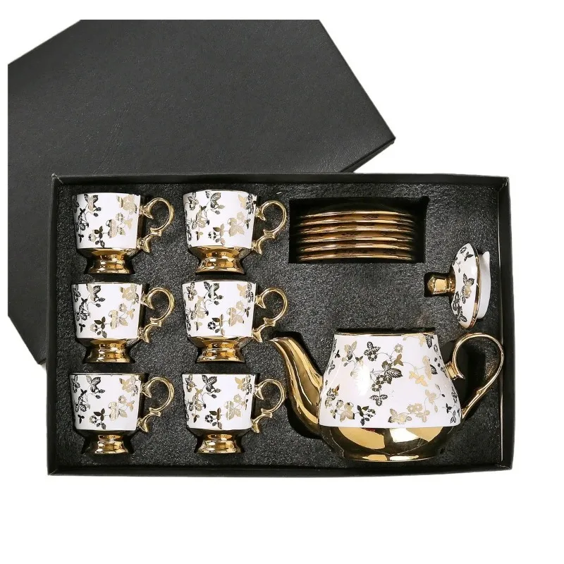 European Arabic Style Gold Plated 6 Cups and 6 Plates and Pot Gift Box Set Ceramic Tea Coffee Cup and Saucer Set for Parties