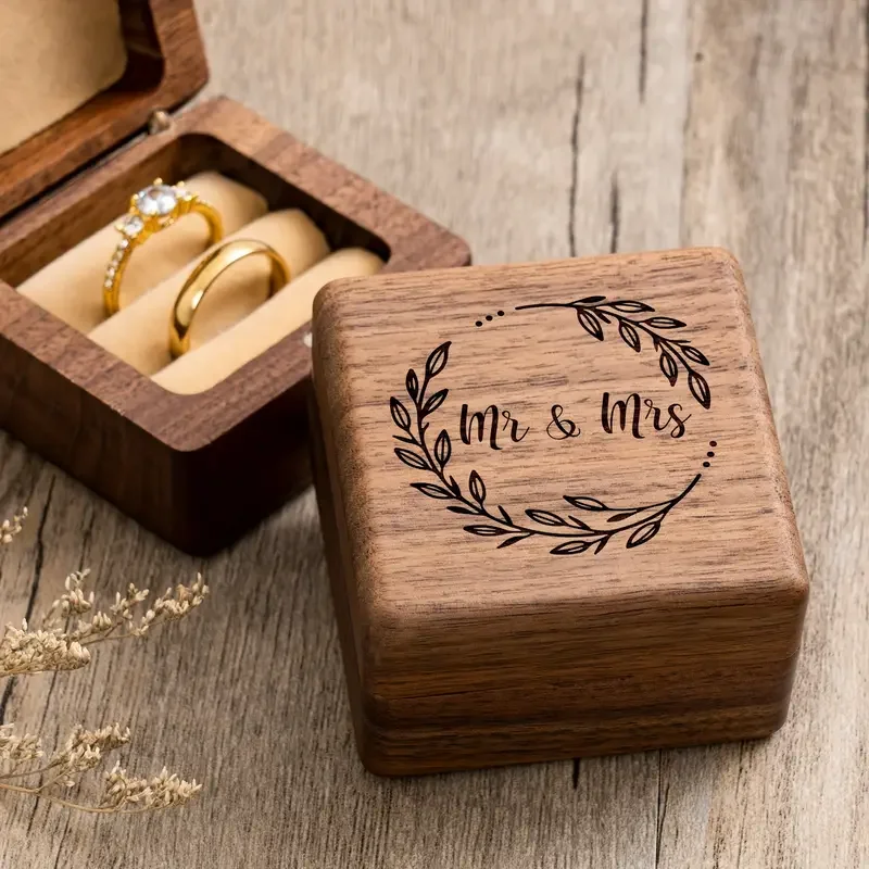 ข้อเสนอหมั้นงานแต่งงานแกะสลักวอลนัทไม้กล่องแหวน Mr & Mrs, แหวน Bearer กล่องสําหรับ 2 แหวน, upscale ของขวัญจอแสดงผล