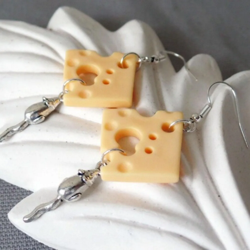 Funny Cartoon Cheese Mouse Drop Earrings Kawaii Food Dangle Earrings Novelty Jewelry Gift for Women Girls Friends
