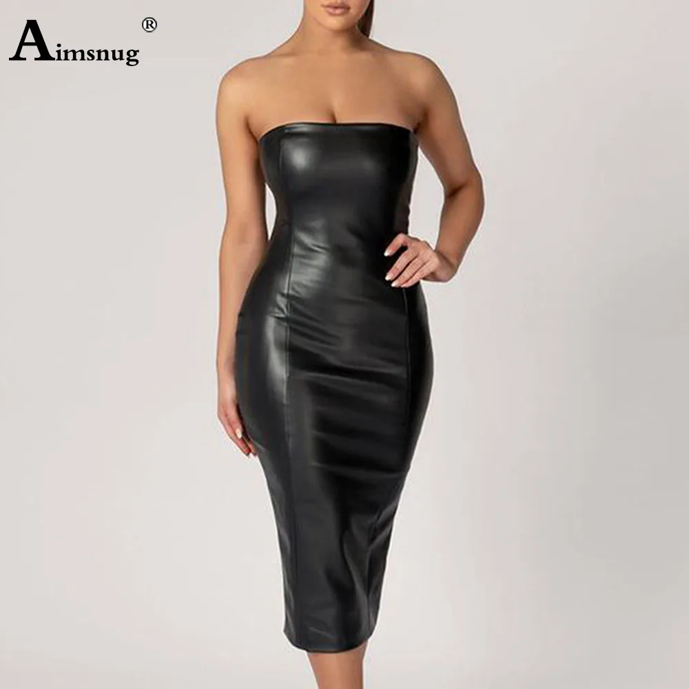 Black Soft Luxury Mid-Calf Dress Women Clothing 2024 European Fashion Pu Leather Party Dresses High Cut Female Long Pencil Dress