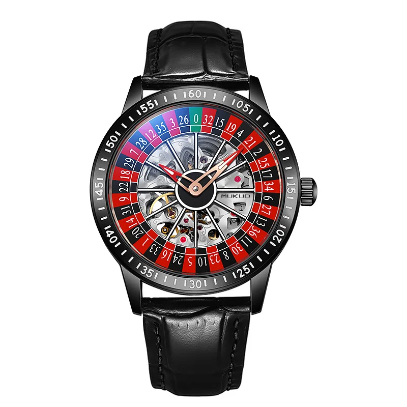 Trendy Men's Automatic Mechanical Watch with Rotating Hollow Luminous Dual Display, Water Resistant Wrist Watch
