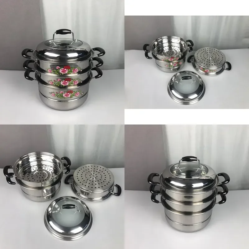 for Hot selling capsule bottom stainless steel flower sticker 3 layer soup pot steamer in the Russian market