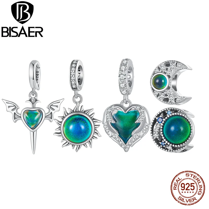 BISAER 925 Sterling Silver Heart Temperature Change Color Charm Bead Love Sun Pendant Fit Trendy Women DIY Bracelet Fine Jewelry