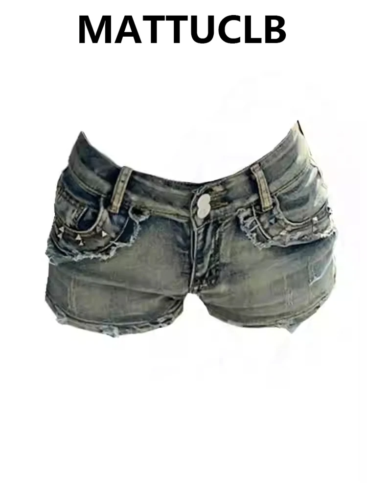 

Летние женские джинсовые шорты в стиле американского ретро, с заклепками, в стиле K-pop, Y2K, 2000-х, гранж, панк, джинсовые шорты-шортики, японский стиль Харадзюку, гайру, кокетка