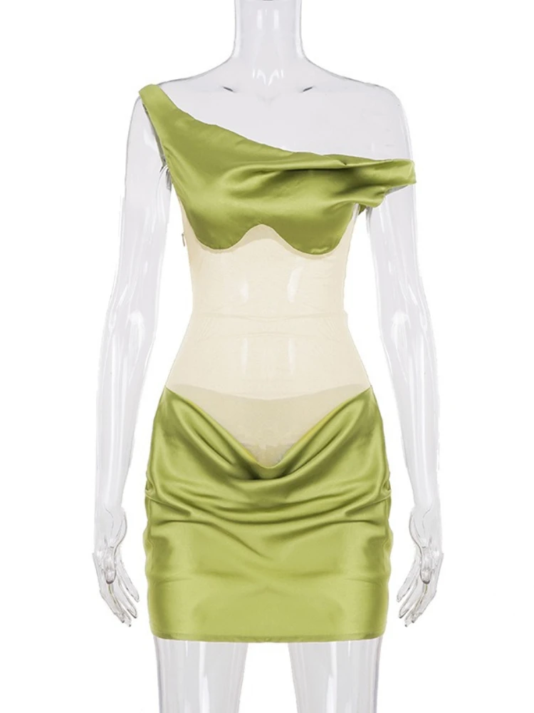 SsTss élégant vert clair Satin une épaule maille transparente moulante Mini robe femmes Sexy voir à travers froncé mince robe de soirée d'été