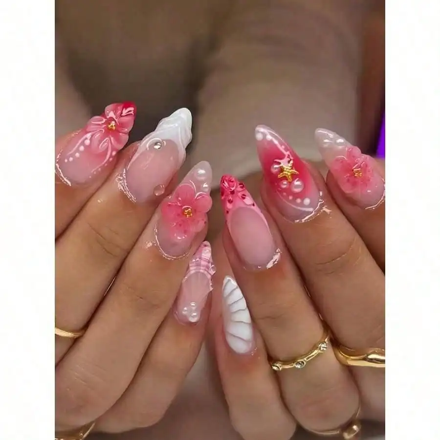 

24Pcs/Set French Almond Shaped Ocean Style Elegant 3D Fresh Lemon Flower Gradient Polka Dot Sweet Press-On Full Cover Fake Nails With 1Pc Jelly Gel And 1Pc Nail File, Adding A Romantic Touch To Make You Look Sweet, Suitable For Daily Dates Nail Supplies
