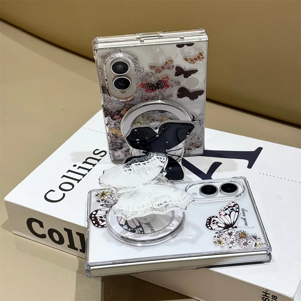 Fashion butterfly flowers Magnetic Stand Phone Case For Samsung Galaxy ZFold 8 Ultra 7 6 5 4 Folding with Chain Protective Cover