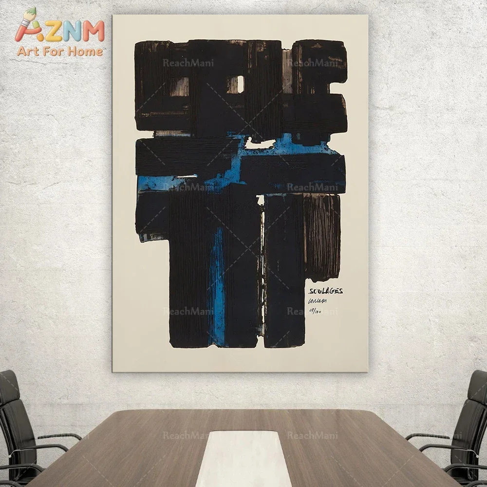 AZNM Black Blue Thick Brush Stroke Abstract Canvas Wall Art Minimalist Textured Oil Painting Print Unframed Canvas Modern Office