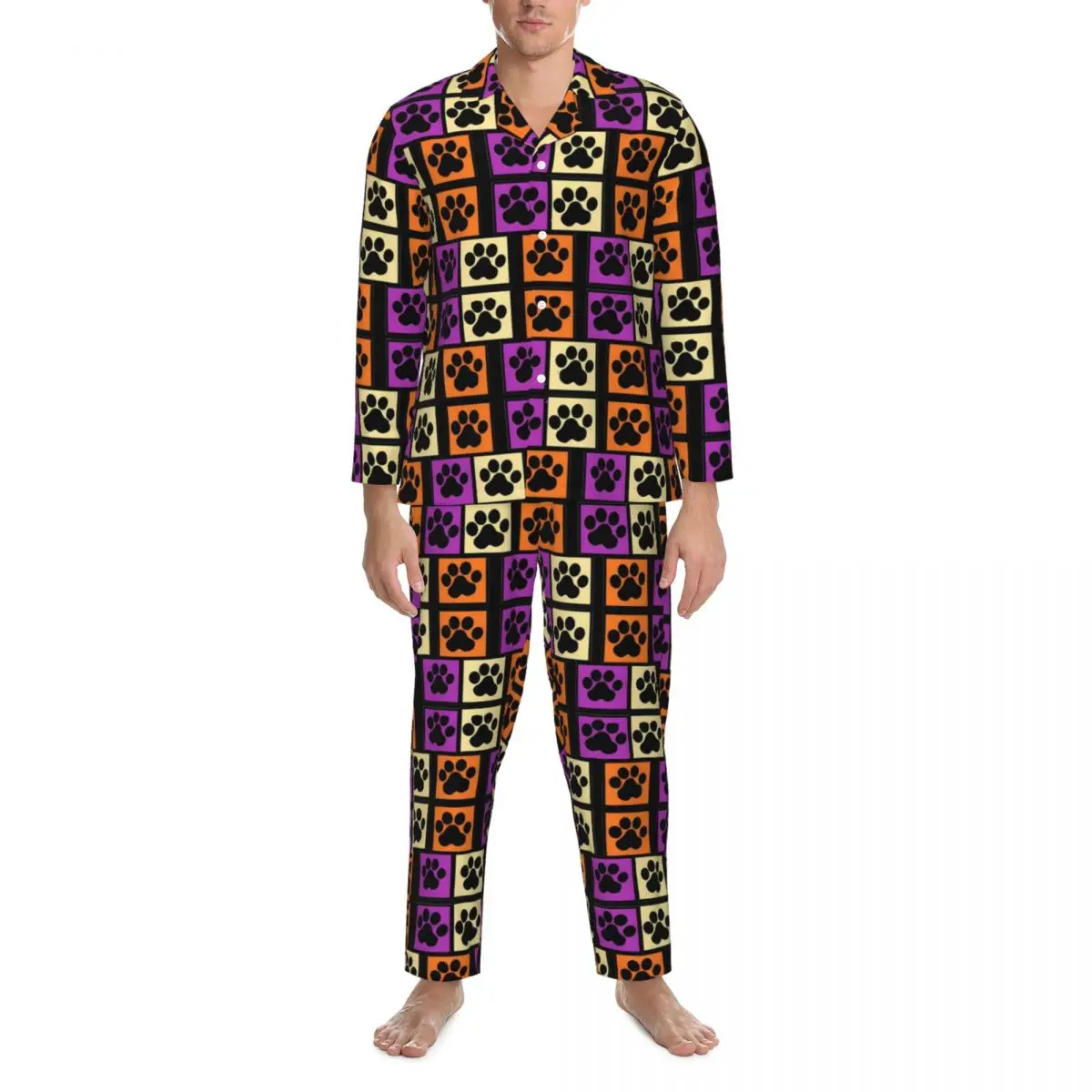 Paw Print Dog Pajamas Men Colorful Animal Kawaii Daily Sleepwear Autumn 2 Pieces Casual Oversized Design Home Suit