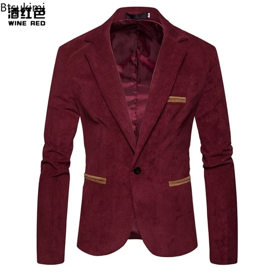 New High Quality Men\'s Leisure Corduroy Blazers Jacket Fashion Patchwork Single Button Casual Slim Suit Jacket for Men Clothing