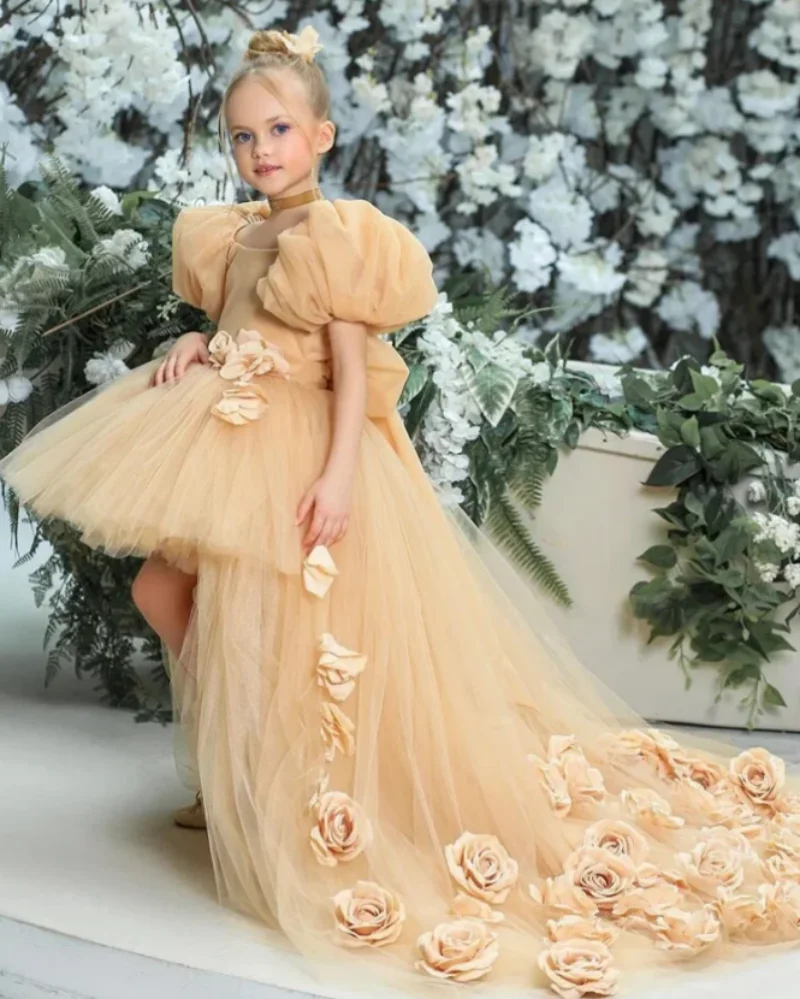 Robes de demoiselle d'honneur champagne, fleurs 3D avec queue et nœud, manches courtes bouffantes, robe de princesse pour mariage et anniversaire