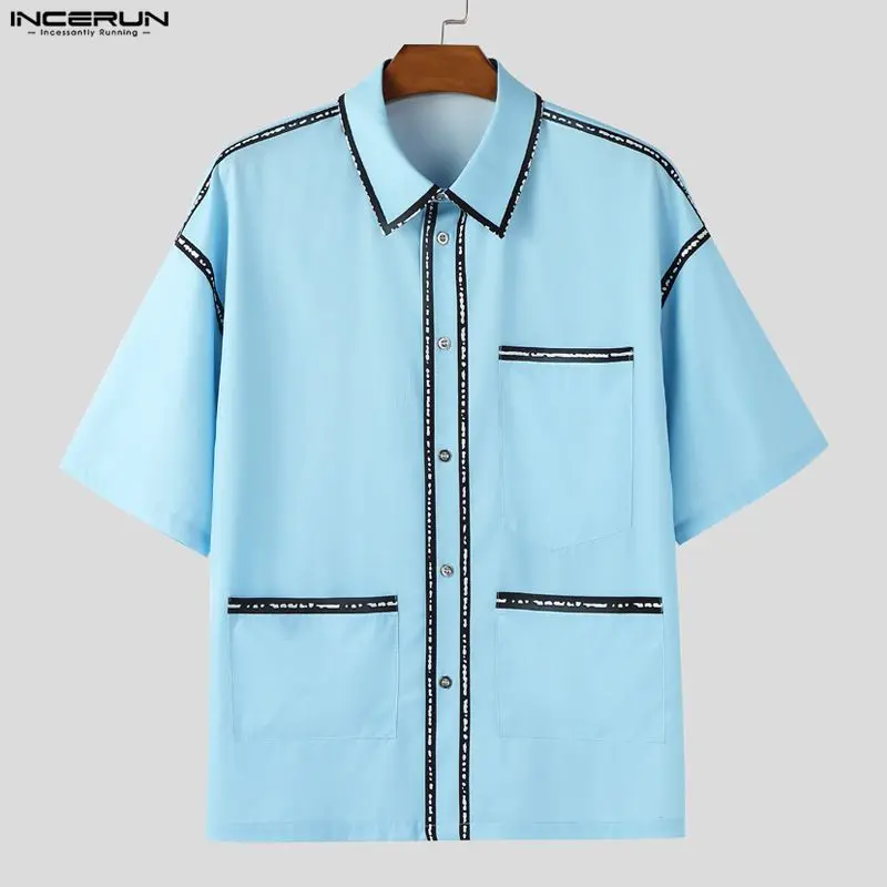 

INCERUN Men Shirt Patchwork Lapel Short Sleeve Loose Korean Style Men Clothing Streetwear Summer Fashion Casual Tops Male Shirts