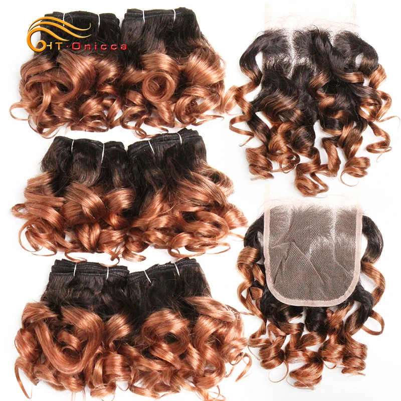 Ombre Curly Hair Bundles With Closure Brazilian Hair Weave Bundles With Closure 1B/27/4/30/33/99J Colored Bundles With Lace Clos