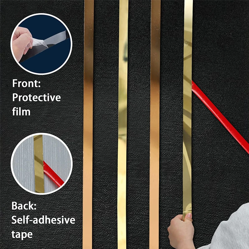5m Mirror Self-adhesive Flat Decorative Lines Strip Stainless Steel Gold Wall Sticker Background Wall Study Ceiling Edging Stri