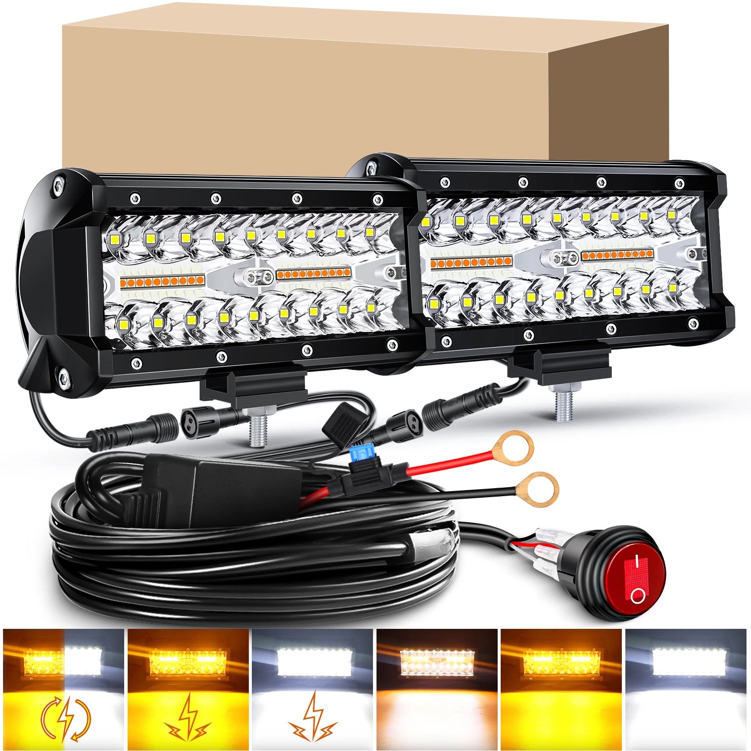 

Комплект светодиодных фар 7 дюймов, бело-янтарные, 6 режимов, с переключателем включения/выключения и проводкой для внедорожников, квадроциклов, UTV, лодок, яхт, автодомов