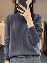 Women's Mock Neck Sweater Pullovers 100% Merino Wool Knitwear Autumn Winter Long Sleeve Solid Cashmere Grace Soft Clothing Tops