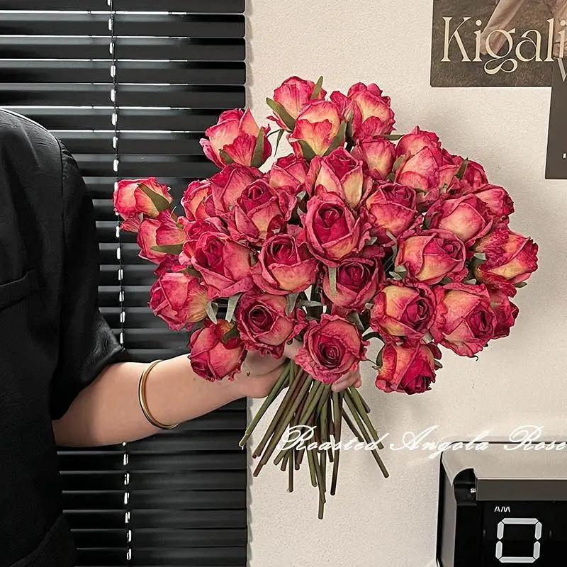 

2/4pcs Vintage Roast Edge Rose Artificial Flower Wedding Bouquet Home Hotel Desktop Decoration Photography Prop Silk Flower Gift