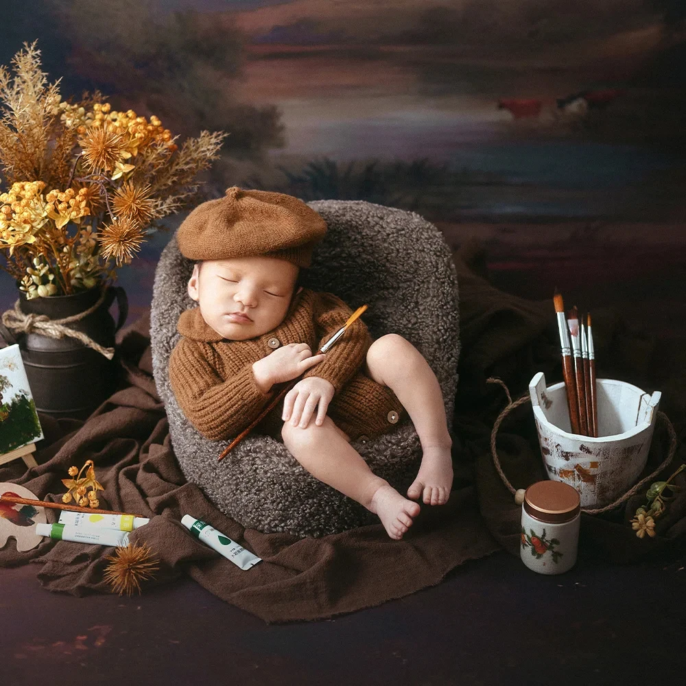 Newborn Baby Photography Clothes Baby Photo Oil Painting Background Blanket Outfit Hat Set Studio Photo Artificial Flower Props