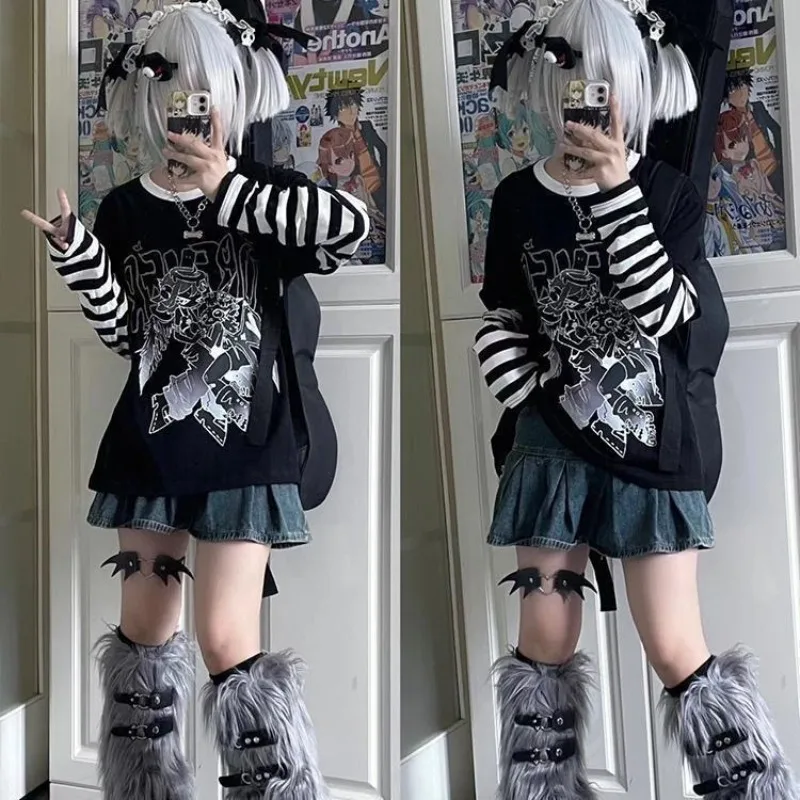 

Subculture Shibuya Striped Long Sleeved T Shirt Women Spring Autumn New Punk Manga Printed Fake Two Loose Tops Graphic T Shirts