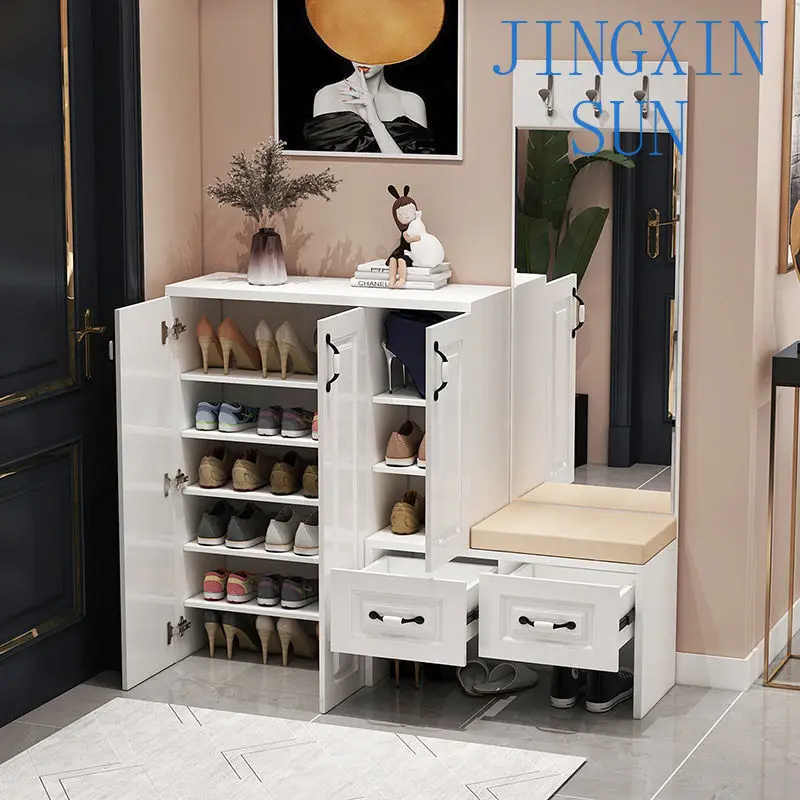 Simple modern shoe cabinet, foyer cabinet, entrance entrance, full-length mirror, locker, shoe changing stool, shoe rack