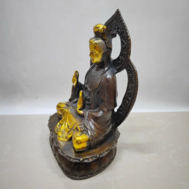 Antique Brass Gilt Guanyin Bodhisattva Statue - Home Buddhist Altar Offering Ornament, Exquisite Religious Craft Collectible
