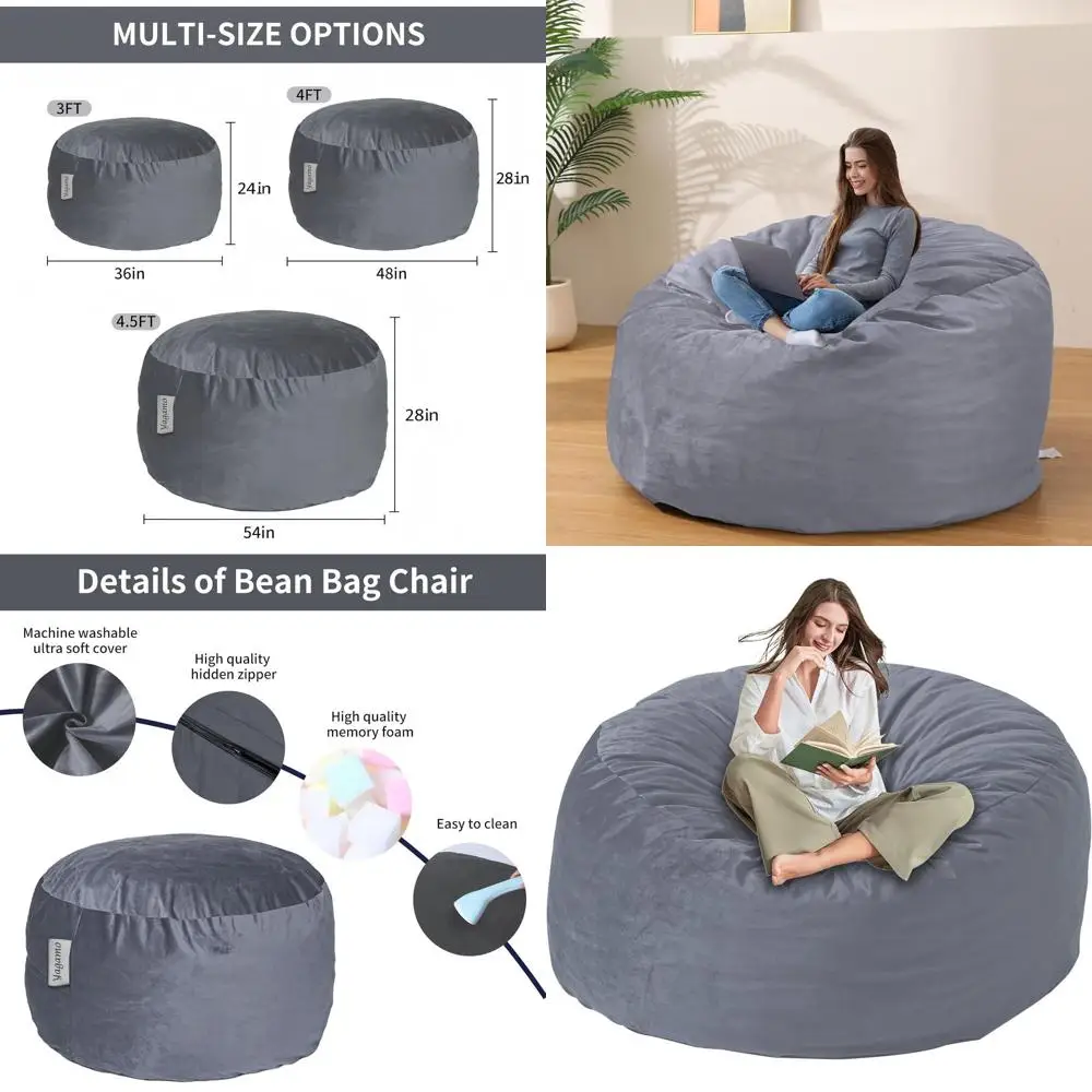 

Memory Foam Filled Bean Bag Chair, Ultra Soft Velvet Cover, 4FT Sofa for Living Room, Bedroom, Gaming Room, Gray