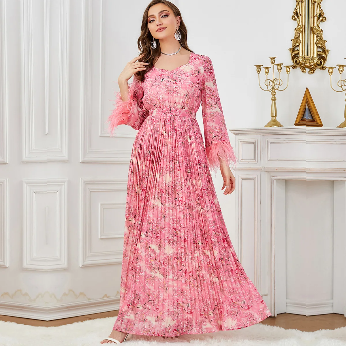 Robe Maxi à Imprimé Floral pour Femme, Abayas en Plumes pour Ramadan, Arabe Saoudien, Musulmane, Dubaï, Caftan Jalabiya, 3636