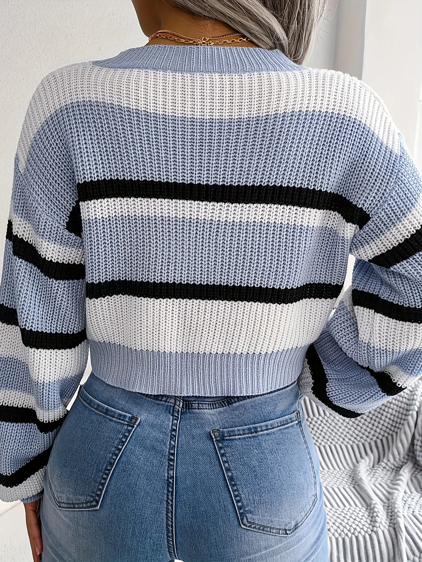 Autumn and winter women\'s loose foreign wear wear long sleeve base layer knitted sweater striped contrast crew neck pullover