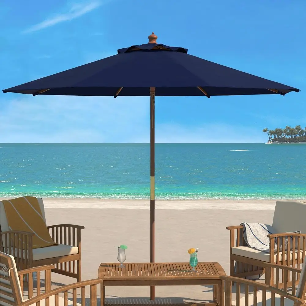 11-Foot White Wooden Pulley Market Umbrella for Outdoor Collection