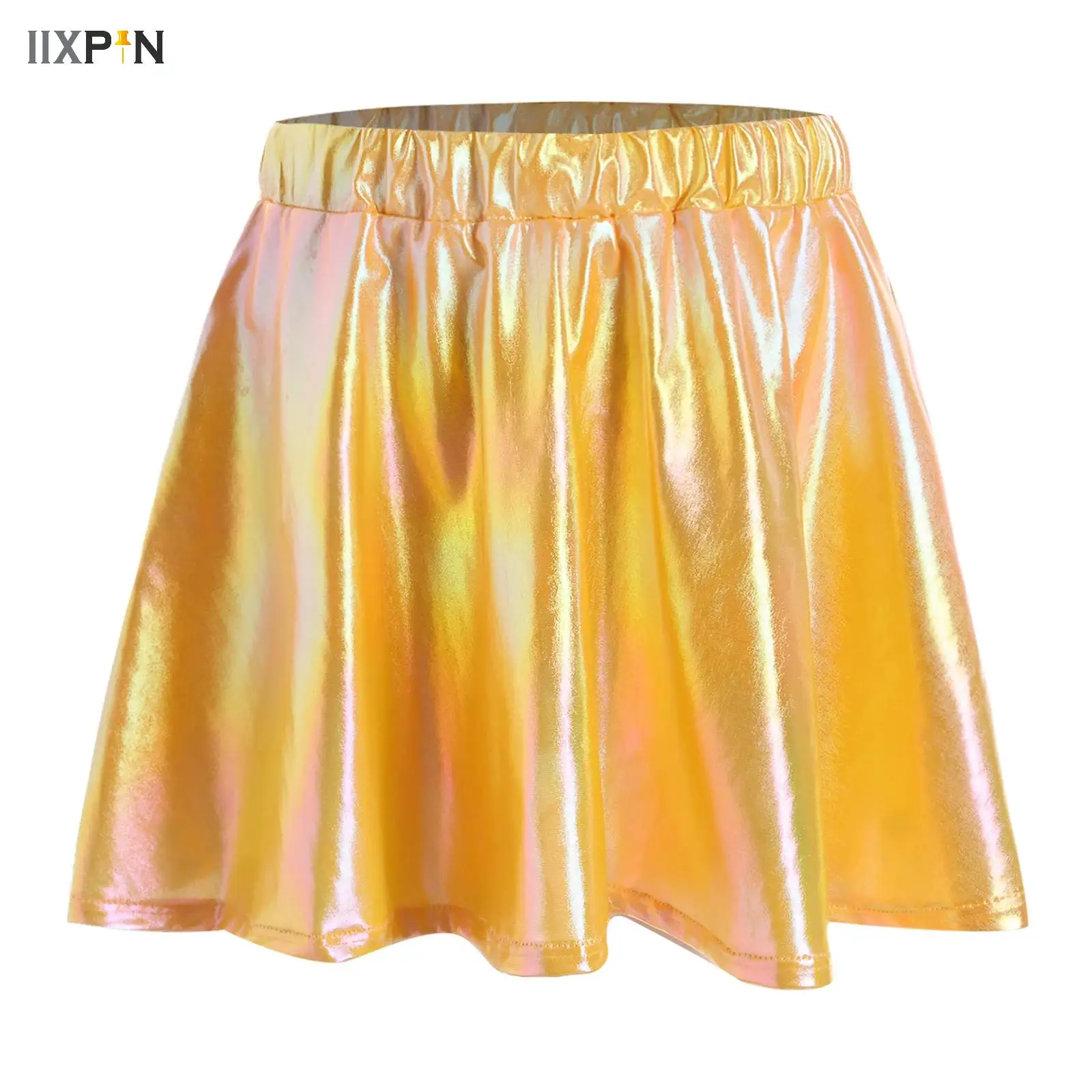 

Metallic Skirt for Kids Girl Flared Pleated A-Line Mini Skater Skort Athletic Shiny Cheerleading Stage Performance Scooter Skirt