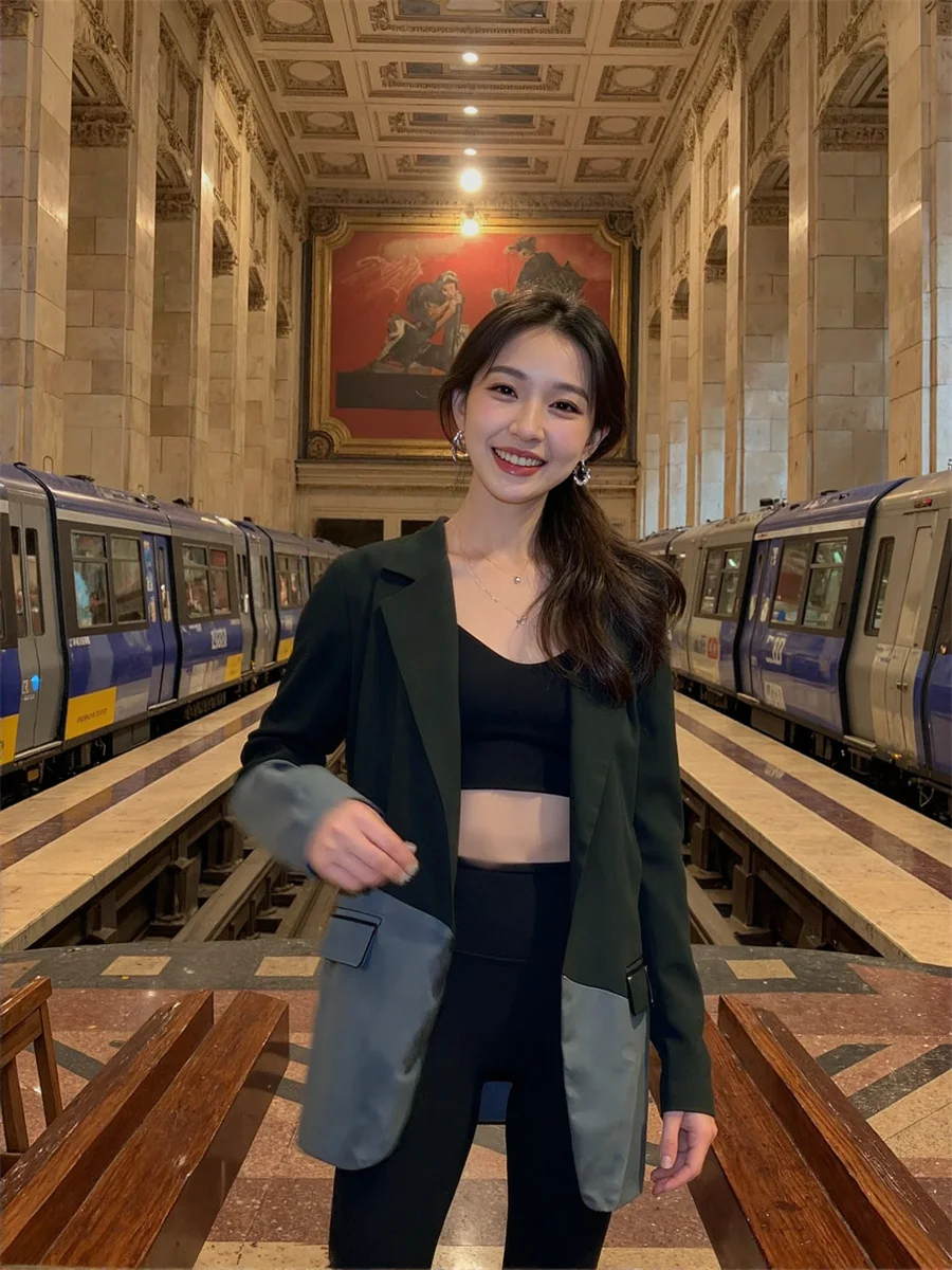 

Patchwork Loose Notched Blazers For Woman 2025 Clothes Women Artsy Off-The-Shoulder Waist-Cinching Windproof Clothing Mixed Slim