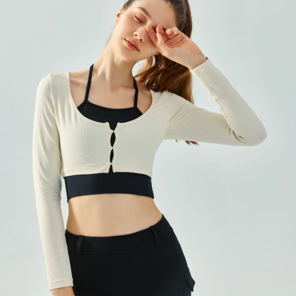 Color Block Hanging Neck Fake Two-piece Long Sleeve Yoga Suit Women Semi Fixed Cup Front Chest Button Sports Fitness Suit Top