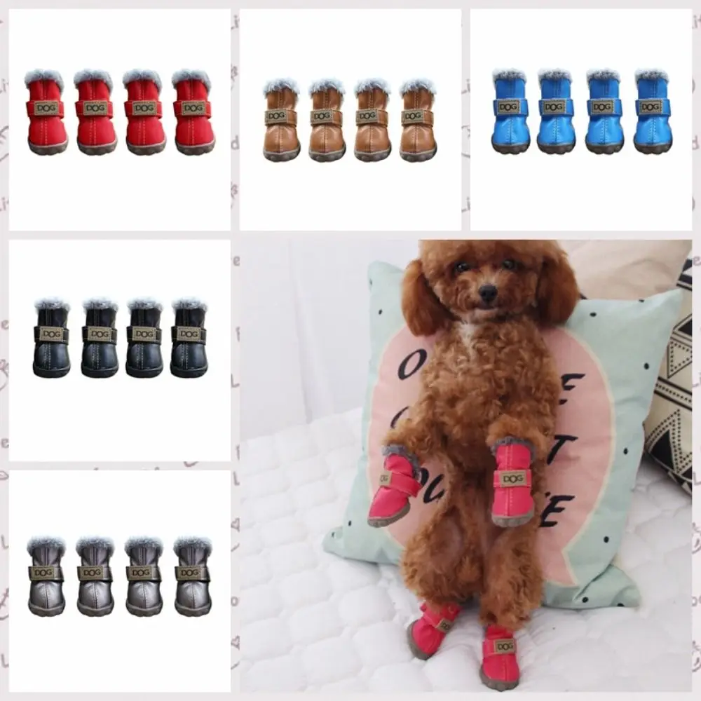 Warm Pet Snow Boots Dog Boots Non Slip Waterproof Winter Pet Dog Shoes Soft Plush/PU for 4Pcs/Set Chihuahua