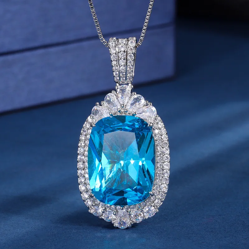 Jewelry Gold Plated Imitation Grandmother Green Blue Treasure Fat Rectangular 15*20 Luxurious Style Pendant Necklace