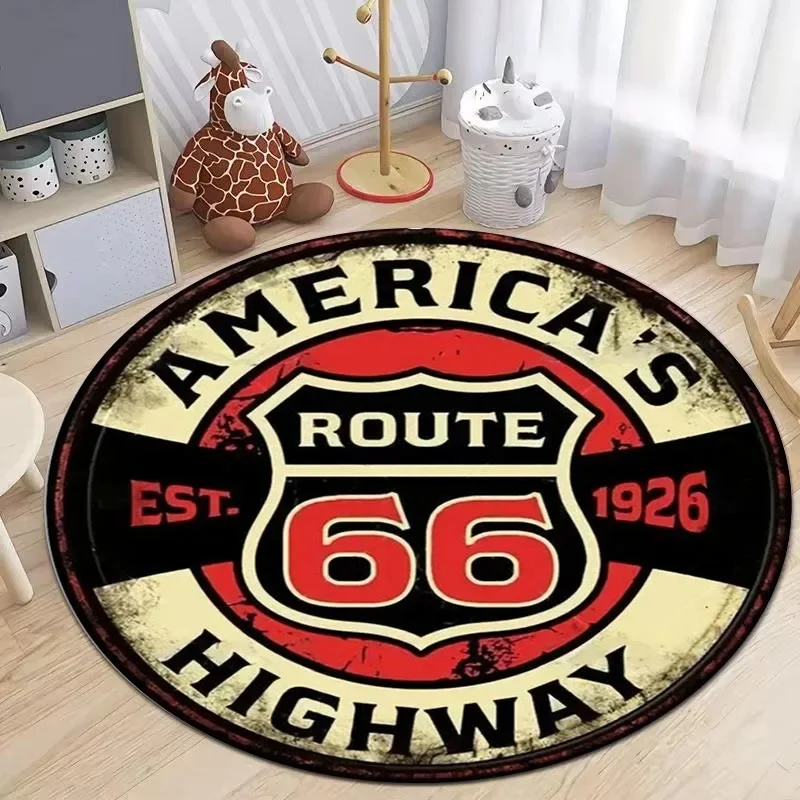 Route 66 Mother Road Print Round Rug Balcony Hallway Rugs Non Slip Washable American Automobile Highway Circle Carpet Crawl Mat