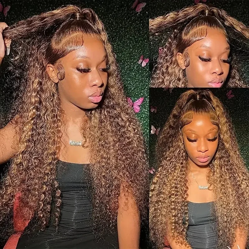 Curly Orange Ginger Highlight Human Hair Wig Lace Frontal Deep Water Wave 13x4 Lace #350 P4/27 Colored Wigs For Women Brazilian